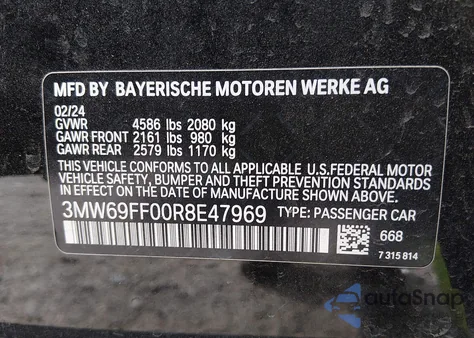 2024 BMW 3 Series 330I z USA, uszkodzony, nr VIN 3MW69FF00R8E47969